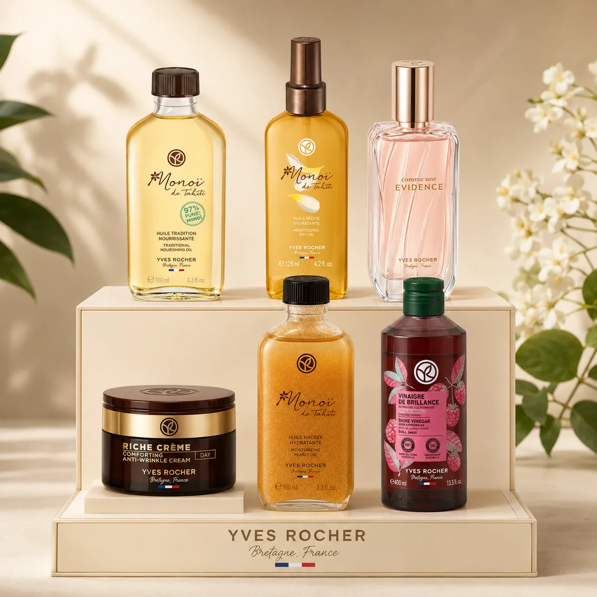 The Yves Rocher edit carried by Pétale — Monoï oils, Riche Crème, Comme Une Évidence and Shine Vinegar on a display stand