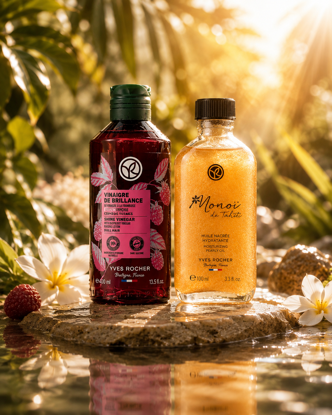 The Ritual Duo — Yves Rocher Hair Shine Vinegar and Pearly Oil Monoï, the star Pétale ritual